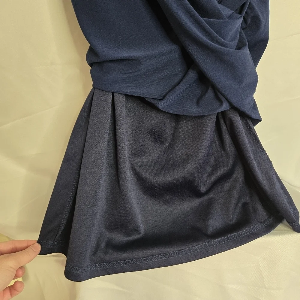 Sam Edelman Cowl Neck Ruched Jersey Midi Dress | Size LARGE Navy Blue - Picture 7 of 15